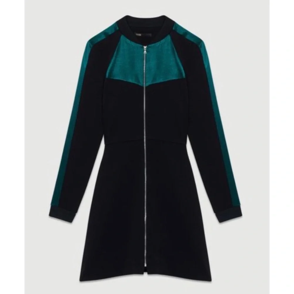 MAJE • Black/Green Rizia Contrast-Inset A-Line Long Sleeve Mini Dress, S - Picture 4 of 16